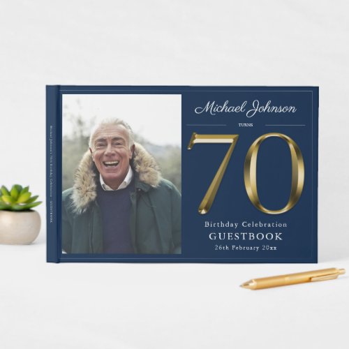 70th Birthday Gold Typography Navy Blue Custom Guest Book