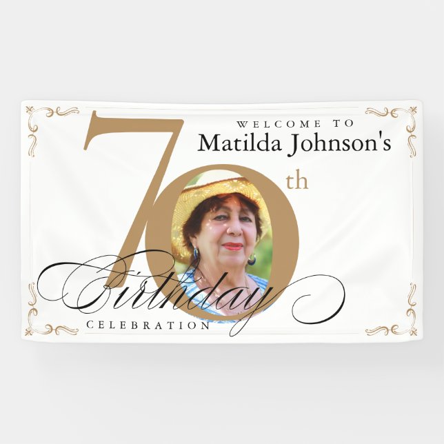 70th Birthday Gold White Calligraphy Custom Photo Banner (Horizontal)