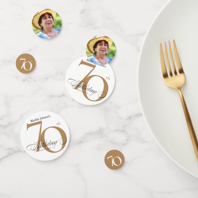70th Birthday Gold White Calligraphy Elegant Photo Confetti (Group)