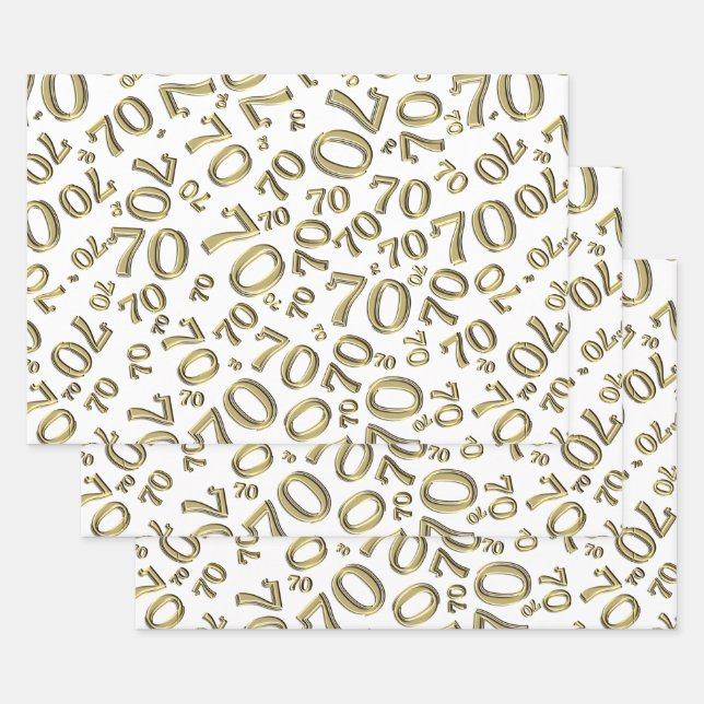 70th Birthday Gold/White Random Number Pattern 70 Wrapping Paper Sheets (Set)