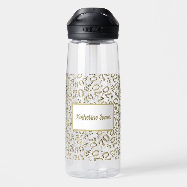 70th Birthday Gold & White Random Number Pattern Water Bottle (Back)