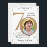 70th Birthday Gold White Save The Date Custom Invitation<br><div class="desc">70th Birthday Gold White Save The Date Custom Invitation. And elegantly designed special birthday celebration save the date,  featuring a custom photo of birthday person and script calligraphy with vintage flourish elements. Simple enough to fit a variety of themes and colors!
Need help? Simply contact me!</div>