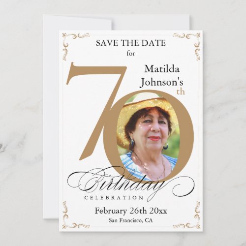 70th Birthday Gold White Save The Date Custom Invitation