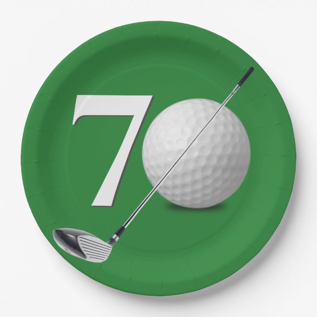 70th Birthday Golf Ball and Club On Green Paper Plates (Front)