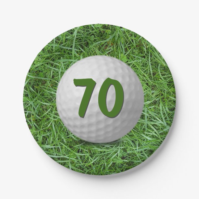 70th Birthday Golf Ball on Grass  Paper Plate (Front)