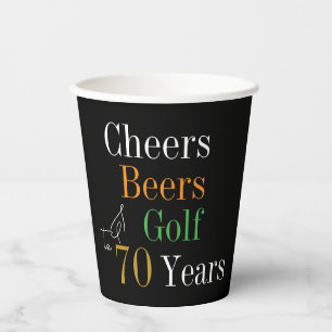 70th Birthday Golf Cheers Beers Black Gold Party Paper Cups