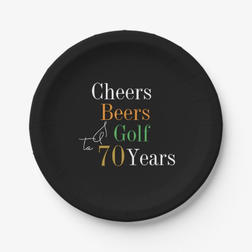 70th Birthday Golf Cheers Beers Black Gold Party Paper Plates