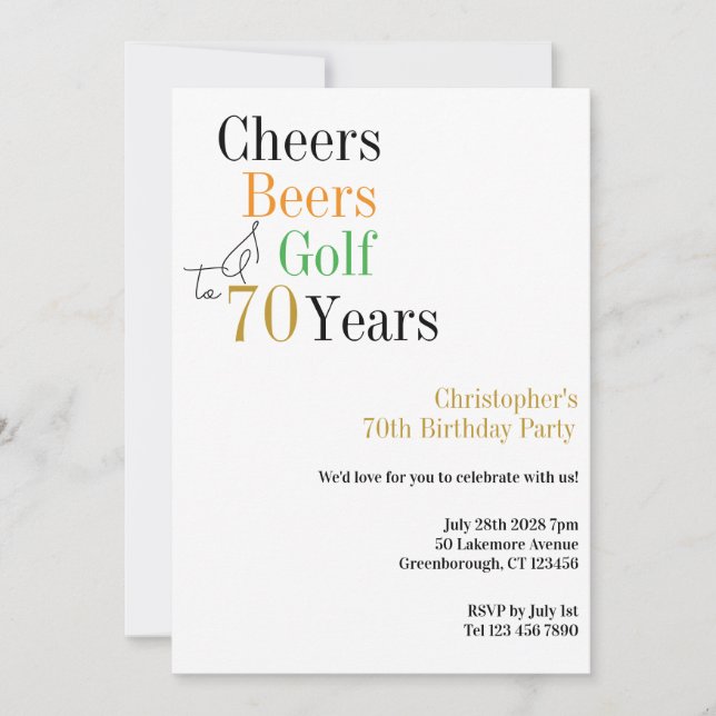70th Birthday Golf Cheers Beers Minimal Party Invitation (Front)