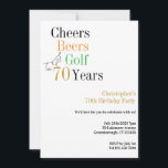70th Birthday Golf Cheers Beers Minimal Party Invitation<br><div class="desc">This is a cool and simple 70th birthday design with a golf cheers and beers theme. It is a modern, minimal design, in classic black and white, with pops of gold, orange and green typography. Perfect for a cool and fun, golf and beer themed, 70th birthday party. It has the...</div>