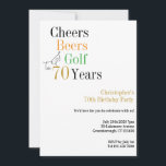 70th Birthday Golf Cheers Beers Minimal Party Invitation<br><div class="desc">This is a cool and simple 70th birthday design with a golf cheers and beers theme. It is a modern, minimal design, in classic black and white, with pops of gold, orange and green typography. Perfect for a cool and fun, golf and beer themed, 70th birthday party. It has the...</div>