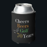70th Birthday Golf Cheers Beers Party Black Gold Can Cooler<br><div class="desc">This is a cool and modern, 70th birthday, golf party design. It is a simple, minimal design, in classic black and gold typography with pops of orange and green. Perfect for a cool and fun, golf and beer themed, 70th birthday party. This design is fully customizable, simply use the personalize...</div>