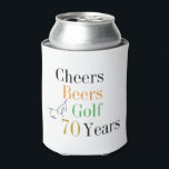 70th Birthday Golf Cheers Beers Party Can Cooler<br><div class="desc">This is a cool and modern, 70th birthday, golf party design. It is a simple, minimal design, in classic black and white with pops of gold, orange and green typography. Perfect for a cool and fun, golf and beer themed, 70th birthday party. This design is fully customizable, simply use the...</div>