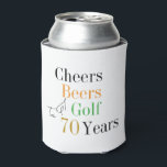 70th Birthday Golf Cheers Beers Party Can Cooler<br><div class="desc">This is a cool and modern, 70th birthday, golf party design. It is a simple, minimal design, in classic black and white with pops of gold, orange and green typography. Perfect for a cool and fun, golf and beer themed, 70th birthday party. This design is fully customizable, simply use the...</div>