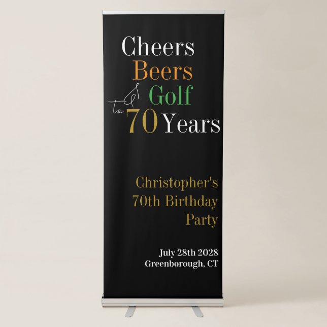 70th Birthday Golf Cheers Beers Party Retractable Banner (Front)
