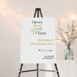 70th Birthday Golf Cheers Beers Party Welcome Sign<br><div class="desc">This is a cool and simple 70th birthday party welcome sign design with a golf, cheers and beers theme. It is a modern, minimal design, in classic black and white, with pops of gold, orange and green typography. Perfect for a cool and fun, golf and beer themed, 70th birthday party...</div>