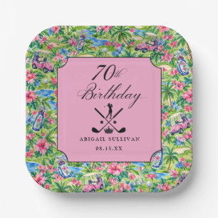 70th Birthday Golf Pink Green Preppy Print Paper Plates