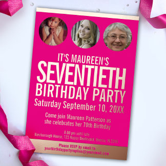 70th Birthday graphic pink gold foil photo circles Invitation