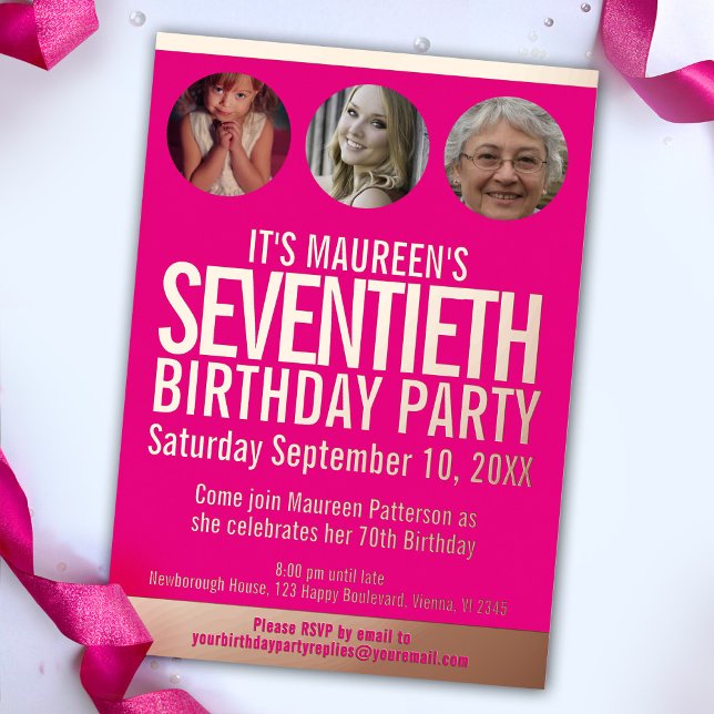 70th Birthday graphic pink gold foil photo circles Invitation (Creator Uploaded)