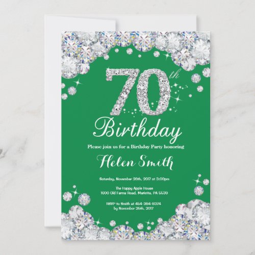 70th Birthday Green and Silver Diamond Invitation