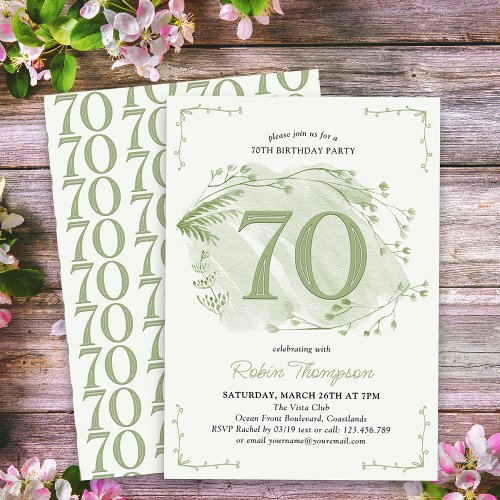 70th Birthday Green Dainty Wildflower Number 70 Invitation