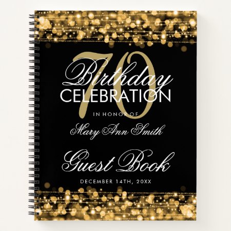 70th Birthday Guestbook Party Sparkles Gold Notebook