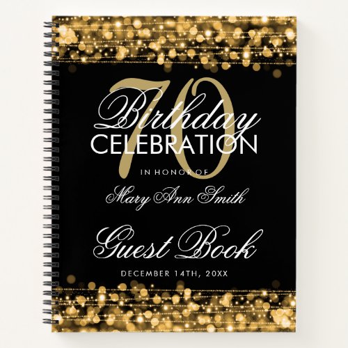 70th Birthday Guestbook Party Sparkles Gold Notebook