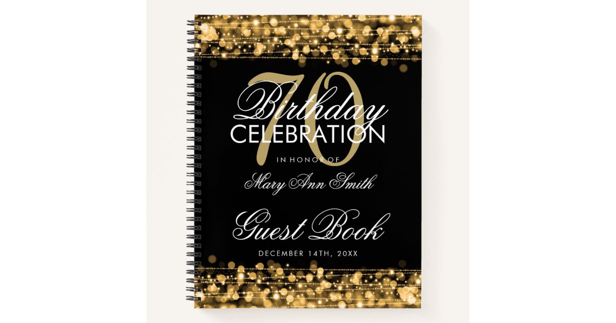 70th Birthday Guestbook Party Sparkles Gold Notebook Zazzle