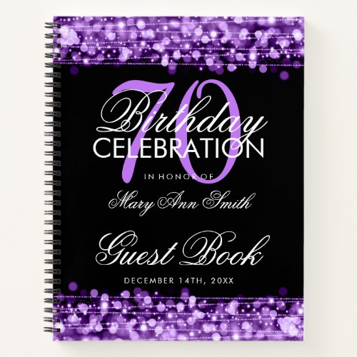 70th Birthday Guestbook Party Sparkles Purple Notebook