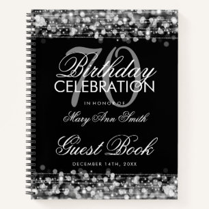 70th Birthday Guestbook Party Sparkles Silver Notebook