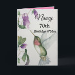 70th Birthday Happy Wishes Elegant Hummingbird Card<br><div class="desc">Celebrate her 70th birthday with an elegant hummingbird design on a charming greeting card. Created from my original watercolour painting, the lovely little bird and flower image will brighten the day for birdwatchers, gardeners and nature lovers. The special woman in your life will love the pastel colours of cream, pink...</div>