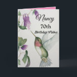 70th Birthday Happy Wishes Elegant Hummingbird Card<br><div class="desc">Celebrate her 70th birthday with an elegant hummingbird design on a charming greeting card. Created from my original watercolour painting, the lovely little bird and flower image will brighten the day for birdwatchers, gardeners and nature lovers. The special woman in your life will love the pastel colours of cream, pink...</div>