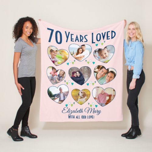 70th Birthday Heart Photo Collage Fleece Blanket