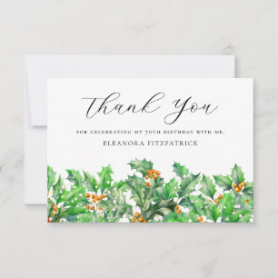 70th Birthday Holly December Birth Flower Custom Thank You Card