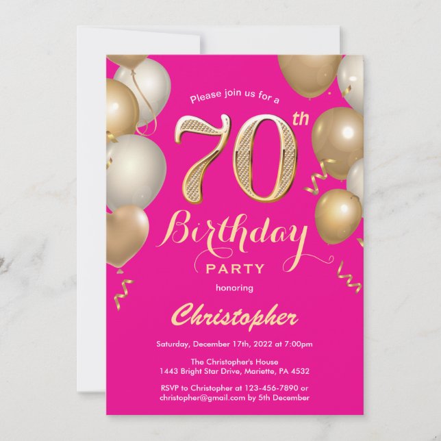 70th Birthday Hot Pink and Gold Balloons Confetti Invitation (Front)
