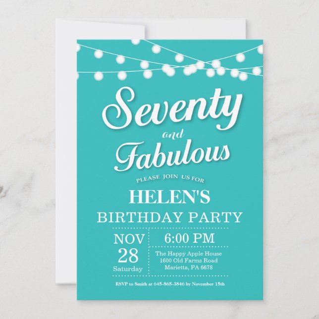 70th Birthday Invitation Aqua Turquoise Fabulous (Front)