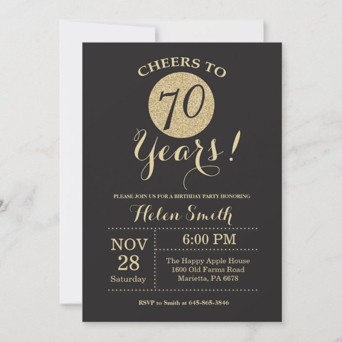 70th Birthday Invitation Black and Gold Glitter | Zazzle