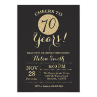 70th Birthday Invitation Black and Gold Glitter