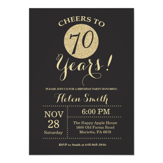 70th birthday invitation black and gold glitter zazzle com black birthday invitations