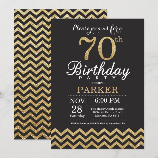 70th Birthday Invitation Black and Gold Glitter (Front/Back)
