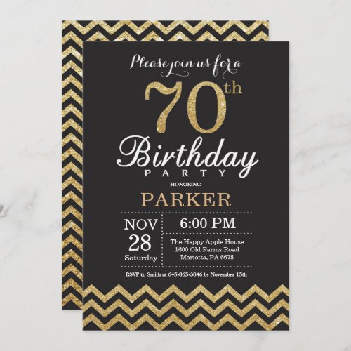 70th Birthday Invitation Black and Gold Glitter