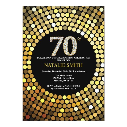 70th Birthday Invitation Black And Gold Glitter