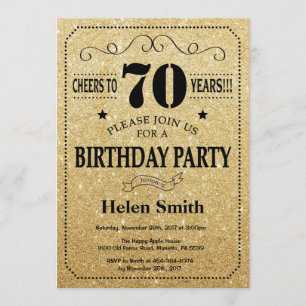 70th Birthday Invitation Black and Gold Glitter