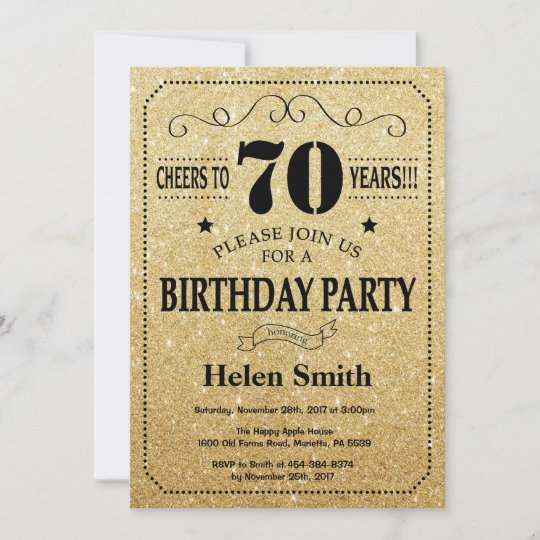 70th Birthday Invitation Black and Gold Glitter | Zazzle.com