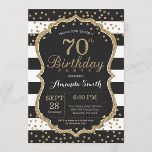 70th Birthday Invitation. Black and Gold Glitter Invitation