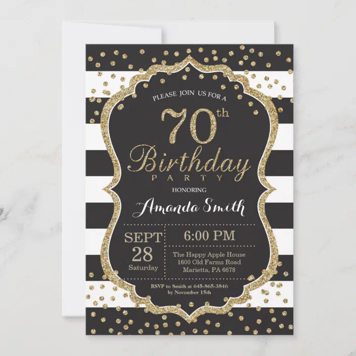 Any Custom Text for Any Occasion 70th Birthday Invites Gold Confetti Black Striped 70th Personalised Birthday Party Invitations with Envelopes