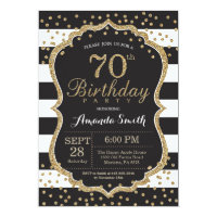 70th Birthday Invitation. Black and Gold Glitter Invitation