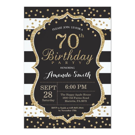 70th Birthday Invitation. Black and Gold Glitter ...