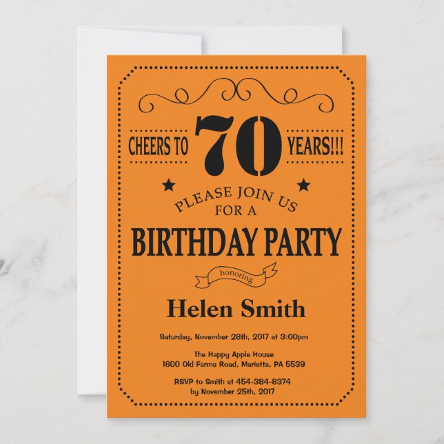 70th Birthday Invitation Black and Orange (Front)