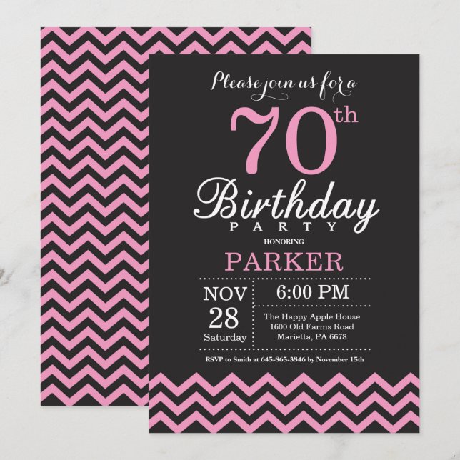 70th Birthday Invitation Black and Pink Chevron (Front/Back)
