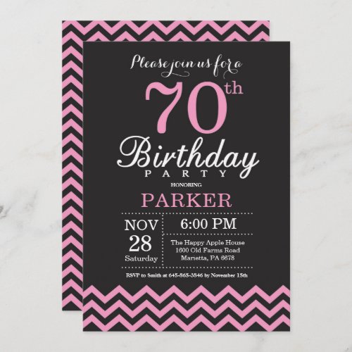 70th Birthday Invitation Black and Pink Chevron